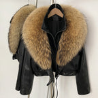 OFTBUY Women's Black Faux Leather Moto Jacket with Real Fox Fur Collar PU Leather Cropped Biker Coat Female New Winter Outerwear