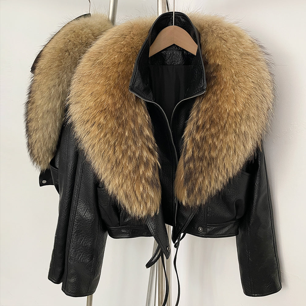 OFTBUY Women's Black Faux Leather Moto Jacket with Real Fox Fur Collar PU Leather Cropped Biker Coat Female New Winter Outerwear