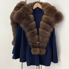 OFTBUY Fashion Belt Warm Sweater Female Natural Fur Loose Cadigan Coat Women Medium Length Knit Jacket with Real Fox Fur Collar