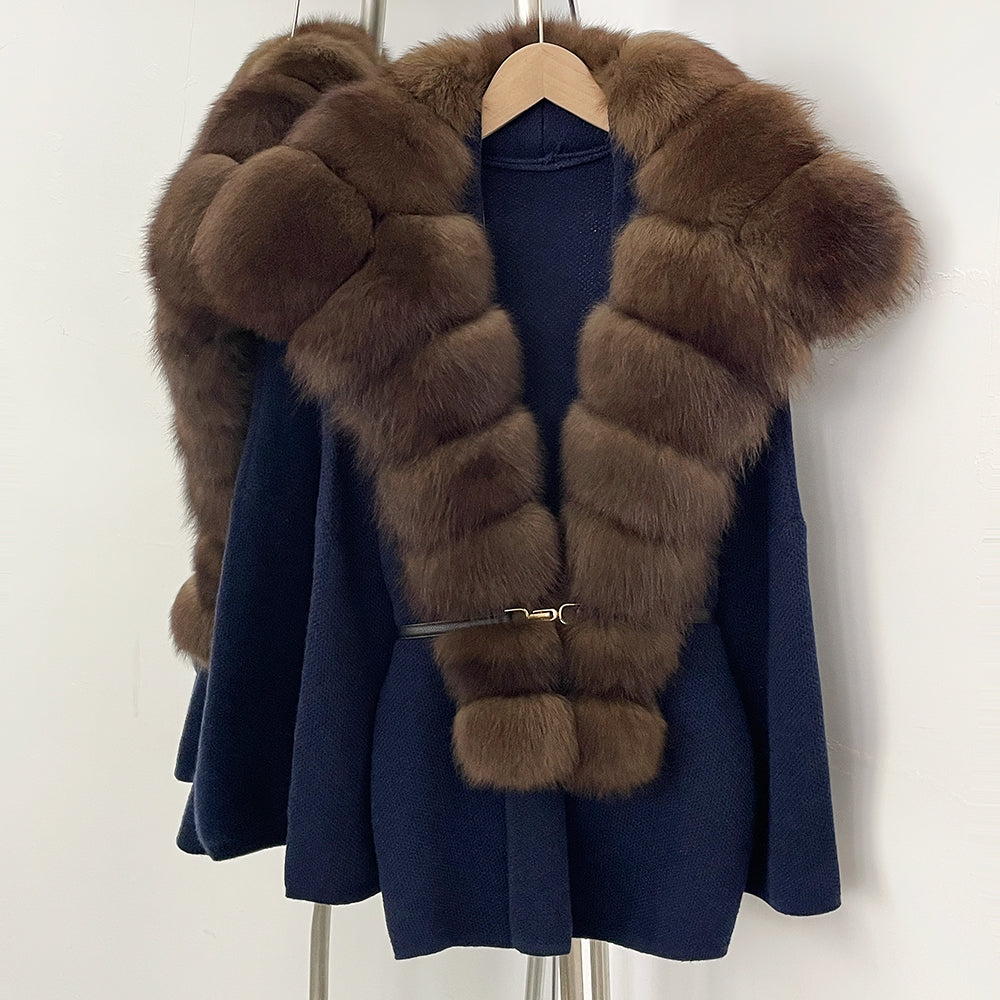 OFTBUY Fashion Belt Warm Sweater Female Natural Fur Loose Cadigan Coat Women Medium Length Knit Jacket with Real Fox Fur Collar