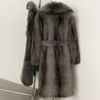OFTBUY Luxury Long-Length Belted Faux Fur Coat - Premium Vegan Silver Fox Style Overcoat with Oversized Lapel
