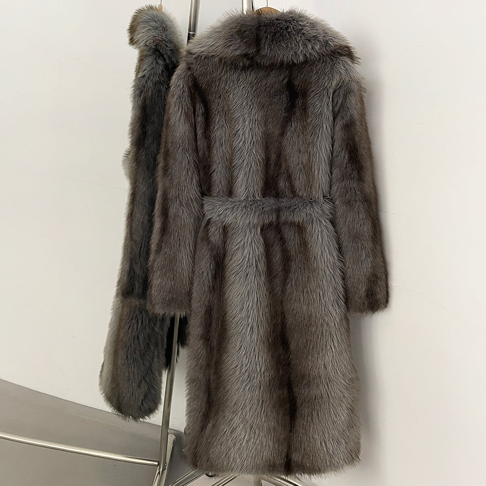 OFTBUY Luxury Long-Length Belted Faux Fur Coat - Premium Vegan Silver Fox Style Overcoat with Oversized Lapel