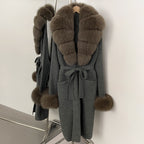 OFTBUY New Cardigan Autumn Winter Long Knit Clothing Women Loose Warm Belt Sweater Jacket with Real Fox Fur Collar and Cuffs