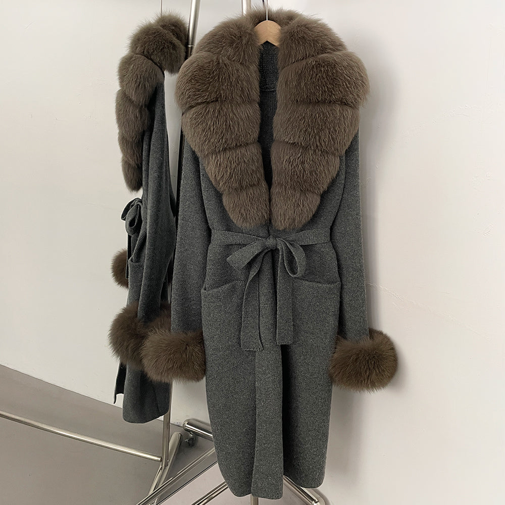 OFTBUY New Cardigan Autumn Winter Long Knit Clothing Women Loose Warm Belt Sweater Jacket with Real Fox Fur Collar and Cuffs