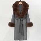 OFTBUY New Women's Double-Faced Wool Coat with Large Real Fox Fur Belted Warm Winter Luxury Fashion Outerwear Woolen Jacket Lady