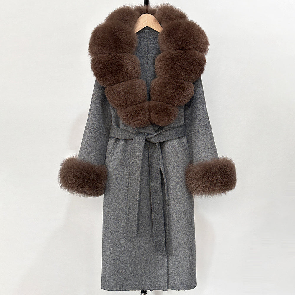OFTBUY New Women's Double-Faced Wool Coat with Large Real Fox Fur Belted Warm Winter Luxury Fashion Outerwear Woolen Jacket Lady