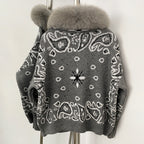 OFTBUY Women's Vintage Real Fox Fur Collar Knit Cardigan Paisley Print Zip Up Sweater Jacket Female Warm Winter Luxury Outerwear