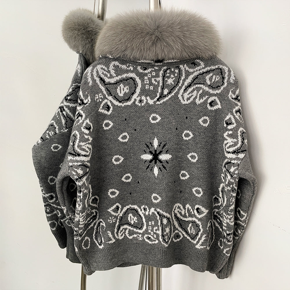 OFTBUY Women's Vintage Real Fox Fur Collar Knit Cardigan Paisley Print Zip Up Sweater Jacket Female Warm Winter Luxury Outerwear