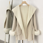 OFTBUY Belted Bow Pockets Winter Elegant Outerwear Jacket Female New Women's Wool Coat with Contrast Hood Real Fox Fur Cuffs