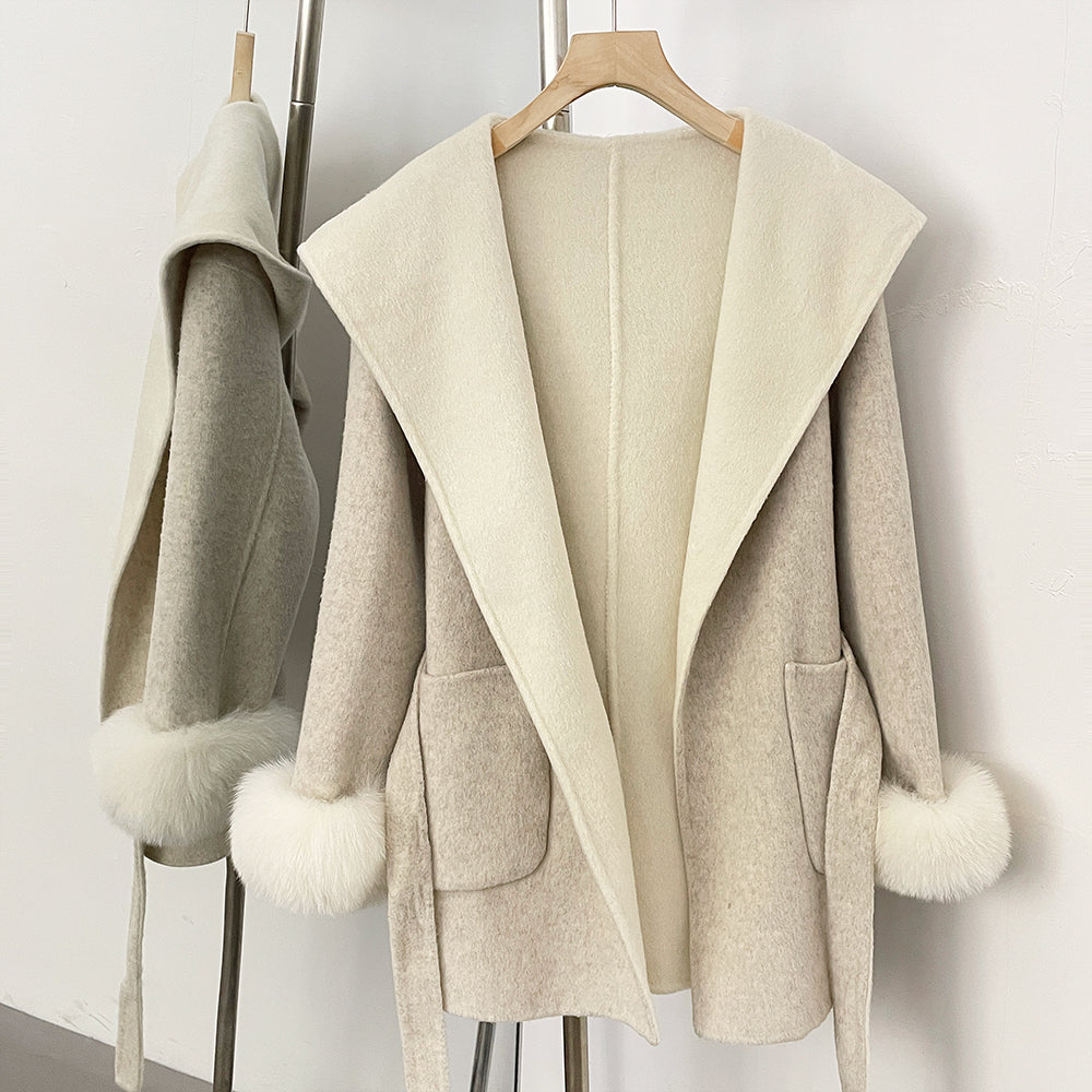 OFTBUY Belted Bow Pockets Winter Elegant Outerwear Jacket Female New Women's Wool Coat with Contrast Hood Real Fox Fur Cuffs