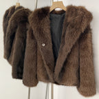 OFTBUY Luxury Hooded Faux Fur Jacket - Premium Vegan Silver Fox Style Cropped Winter Coat
