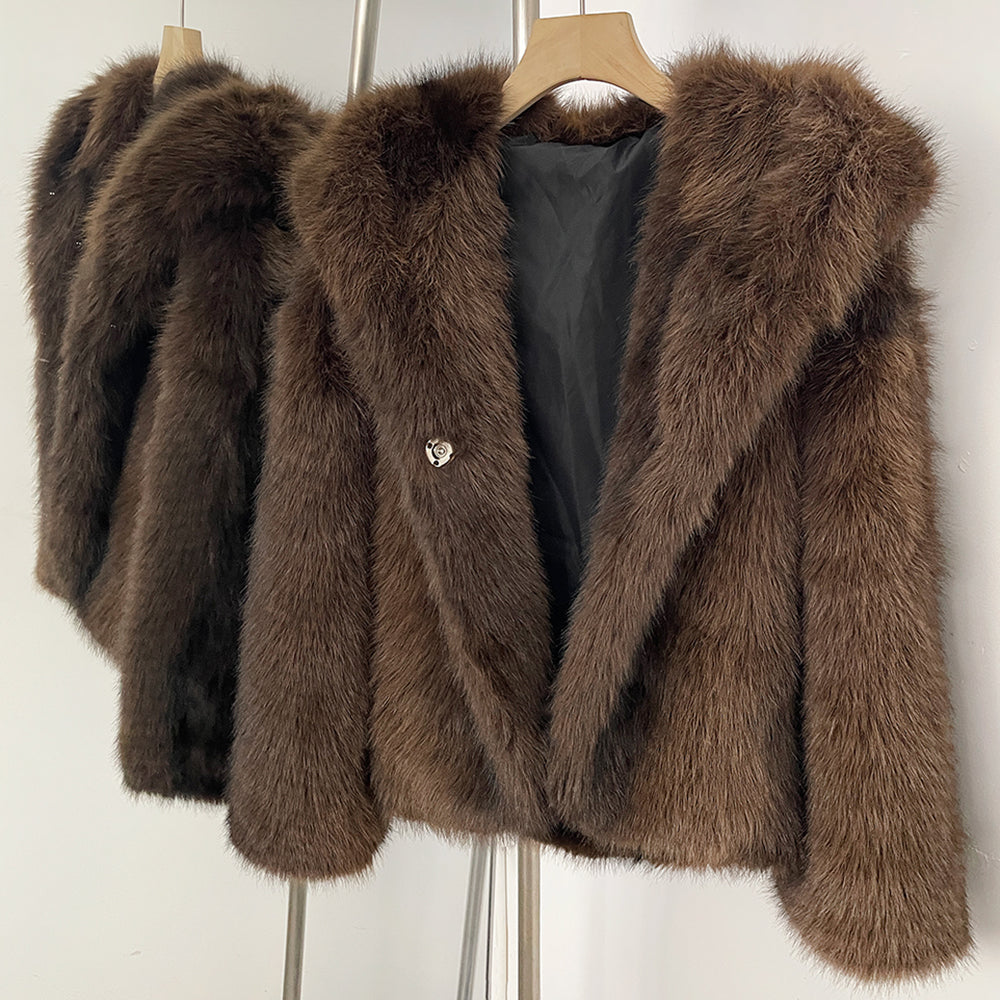 OFTBUY Luxury Hooded Faux Fur Jacket - Premium Vegan Silver Fox Style Cropped Winter Coat
