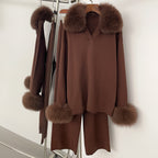 OFTBUY New Autumn Winter Clothing Women Fashion Real Fox Fur Collar Sweater Suit Female Raccoon Fur Pullovers Trousers Set Lady