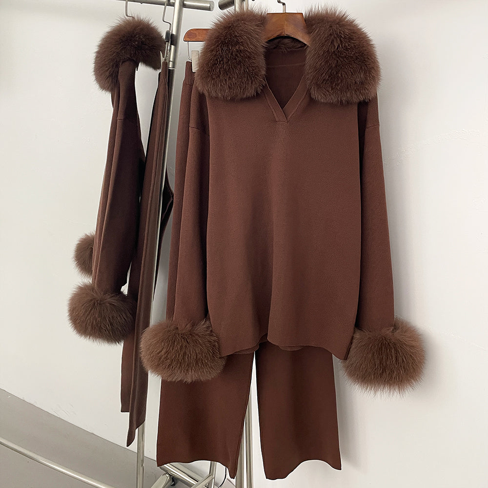 OFTBUY New Autumn Winter Clothing Women Fashion Real Fox Fur Collar Sweater Suit Female Raccoon Fur Pullovers Trousers Set Lady