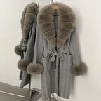 OFTBUY Winter Elegant Outerwear Warm Long Coat Lady New Women's Knit Coat with Large Real Fox Fur Collar Belted Cardigan Female