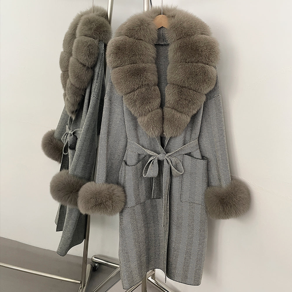 OFTBUY Winter Elegant Outerwear Warm Long Coat Lady New Women's Knit Coat with Large Real Fox Fur Collar Belted Cardigan Female