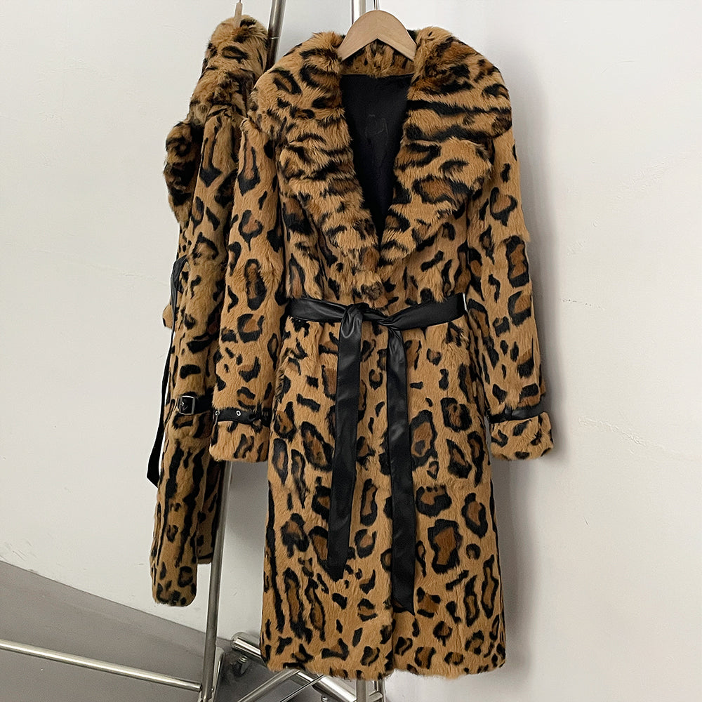  Classic camel leopard print long trench coat crafted from genuine real rabbit fur with wide blazer lapel and leather waist belt