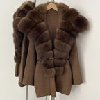 OFTBUY Fashion Belt Warm Sweater Female Natural Fur Loose Cadigan Coat Women Medium Length Knit Jacket with Real Fox Fur Collar