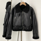 OFTBUY New Winter Clothing Woman's Fashion Thick Warm Faux Fur Shearling Jacket Coat Vintage Long Sleeve Belt Hem Jacket Female