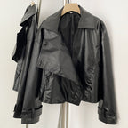 OFTBUY New Women's Clothes Faux Leather Jacket Lapel Collar Button Coat Female Elastic Hem Streetwear Fashion Casual Outerwear
