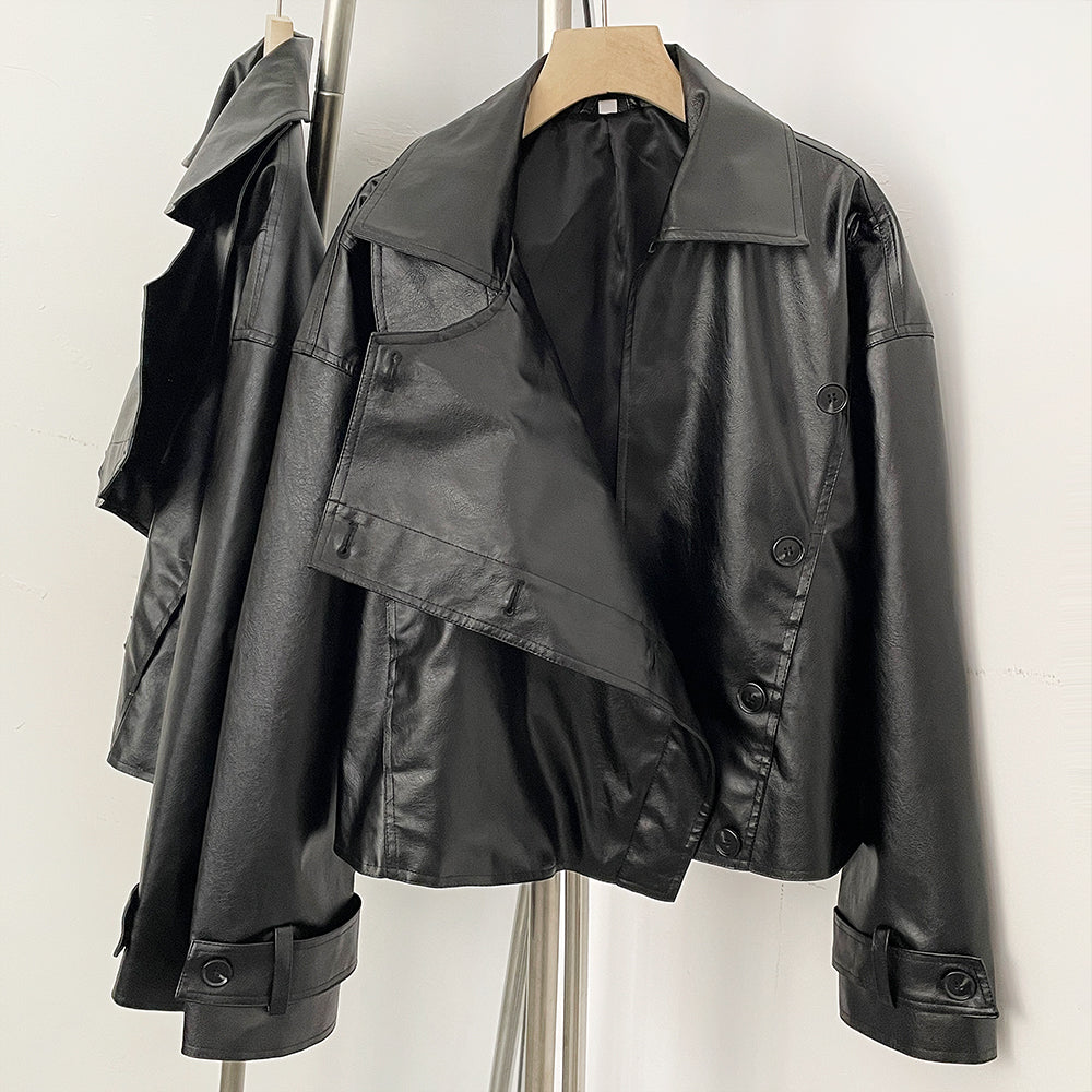 OFTBUY New Women's Clothes Faux Leather Jacket Lapel Collar Button Coat Female Elastic Hem Streetwear Fashion Casual Outerwear