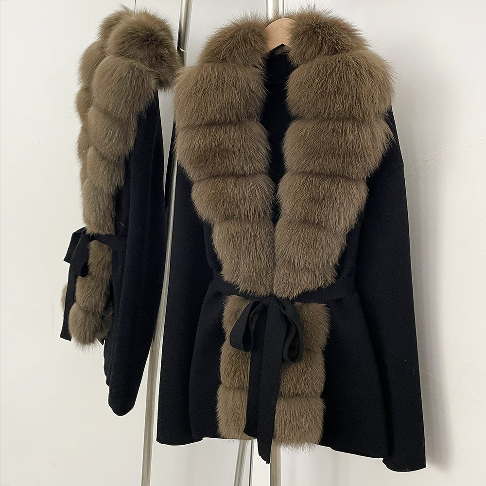 OFTBUY Luxury Warm Winter Fashion Outerwear New Women's Knit Cardigan with Oversized Real Fox Fur Trim Self-Tie Belt Sweater