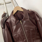 OFTBUY Casual Lapel Sleeve Zipper Fishbone Coats Lady Daily High Street Coat Women's Retro Cinched-waist Coated Leather Jacket