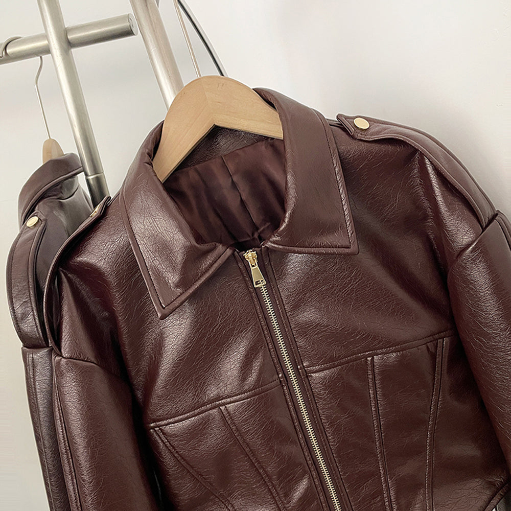 OFTBUY Casual Lapel Sleeve Zipper Fishbone Coats Lady Daily High Street Coat Women's Retro Cinched-waist Coated Leather Jacket