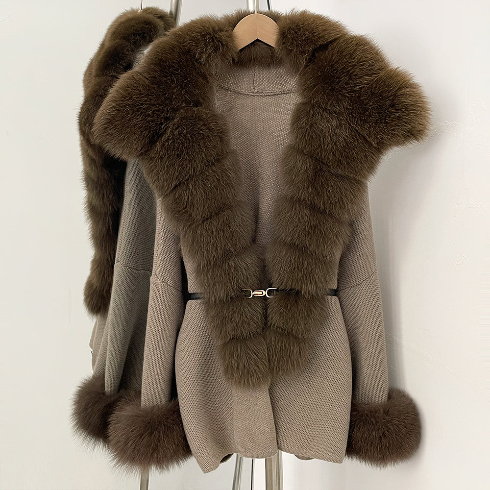 OFTBUY Belt Loose Fit Warm Winter Fashion Outerwear Natural Fur Sweater Female New Women's Knit Coat with Large Real Fox Fur