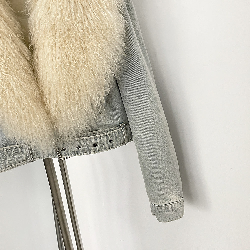 OFTBUY New Casual Fluffy Winter Clothes Women Short Mongolia Sheep Fur Collar Down Denim jacket Female Real Fur Puffer Jacket