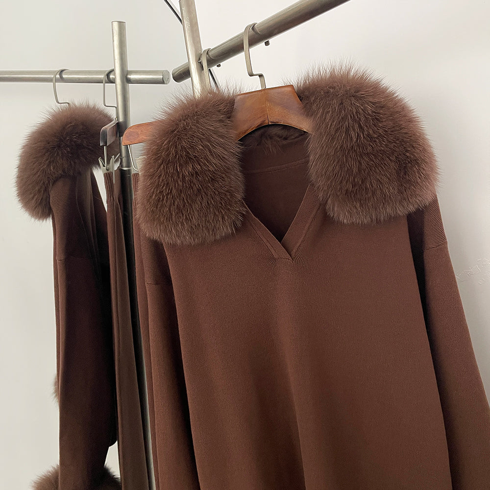 OFTBUY New Autumn Winter Clothing Women Fashion Real Fox Fur Collar Sweater Suit Female Raccoon Fur Pullovers Trousers Set Lady