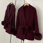 OFTBUY 100% Wool Wrap Belted Short Coat - Wide Shawl Lapel Real Fox Fur Cuff Luxury Double Sided Wool Jacket