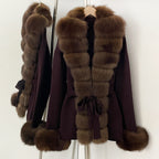 OFTBUY Belt Textured Knit Warm Winter Luxury Outerwear Female Sweater Cardigan New Women's Knit Coat with Large Real Fox Fur