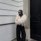 OFTBUY Cropped Faux Mongolia Sheep Fur Jacket