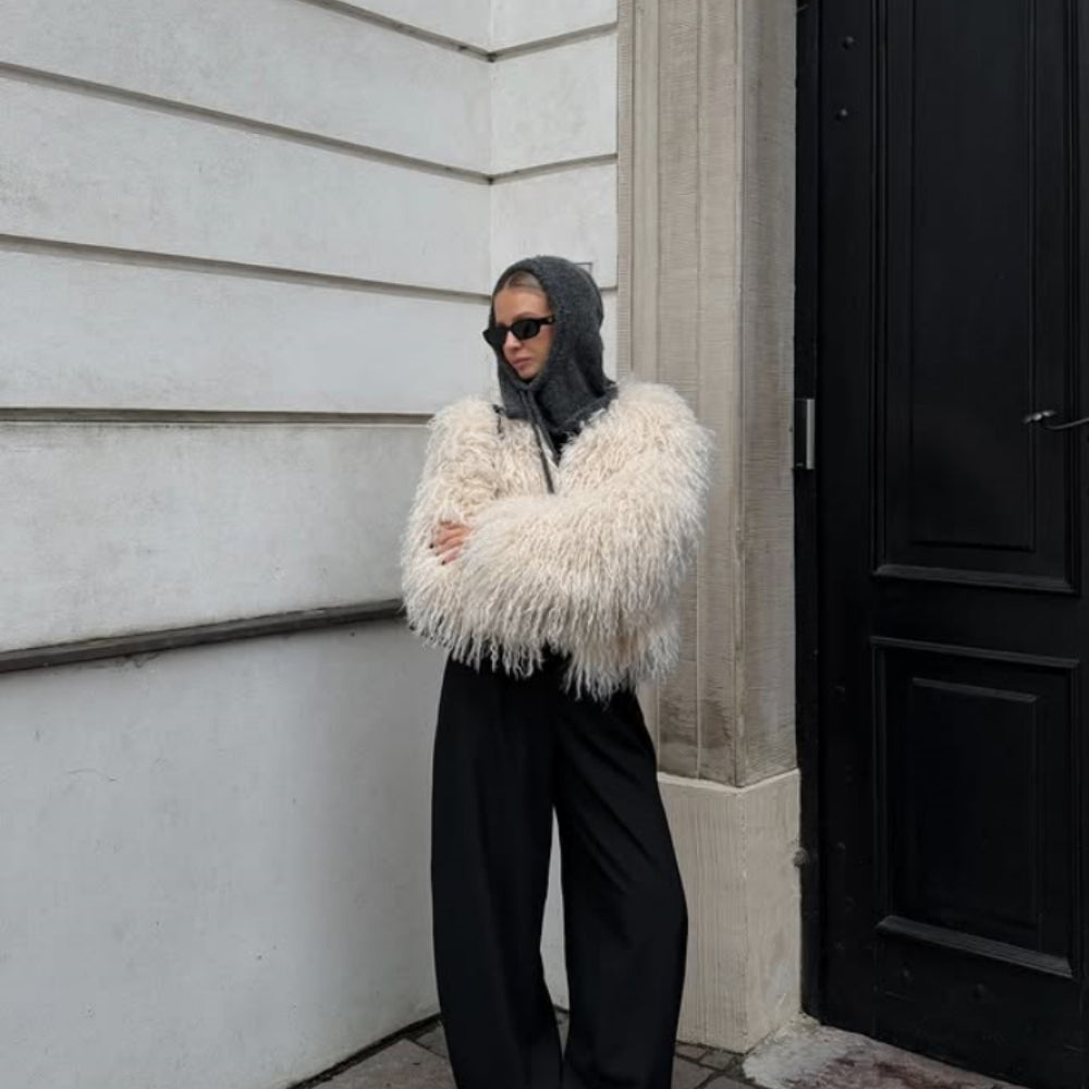 OFTBUY Cropped Faux Mongolia Sheep Fur Jacket