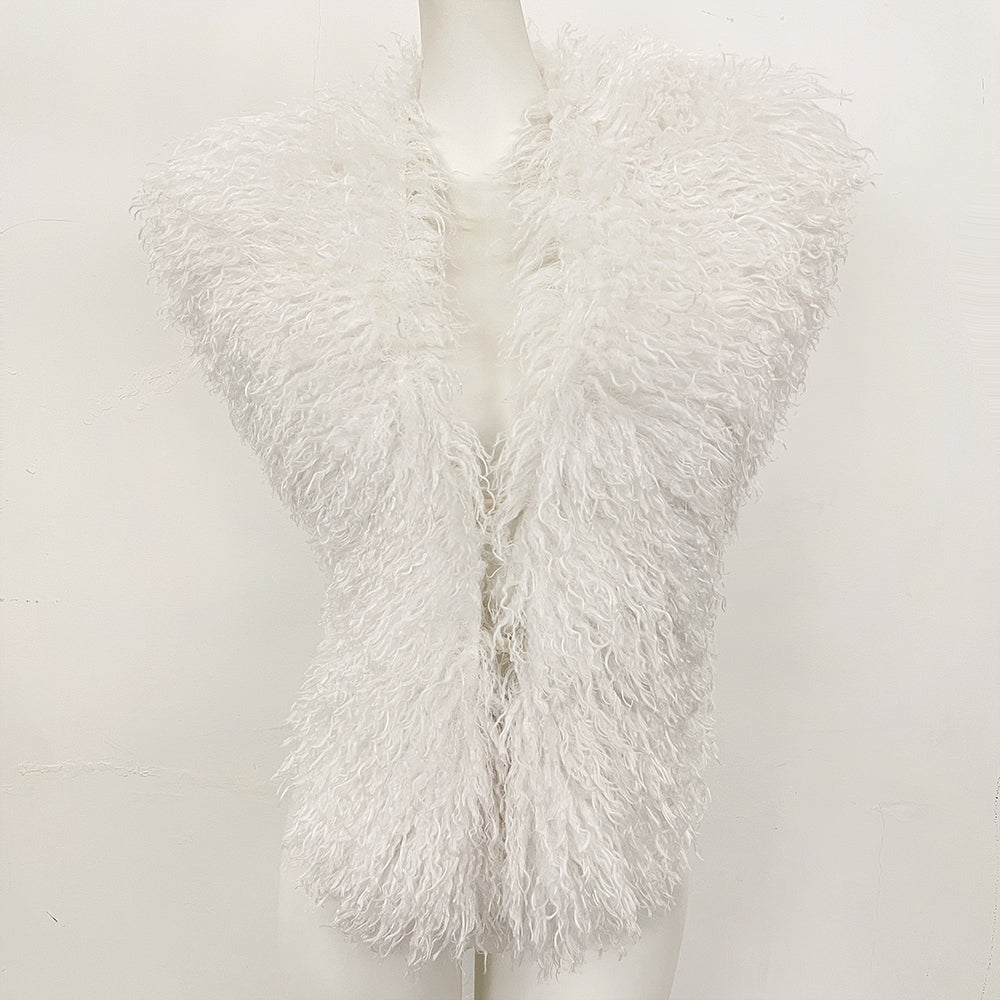 OFTBUY Women's Faux Mongolian Fur Vest Open Front Fluffy Faux Fur Waistcoat with Back Tie New Autumn Winter Outerwear Female