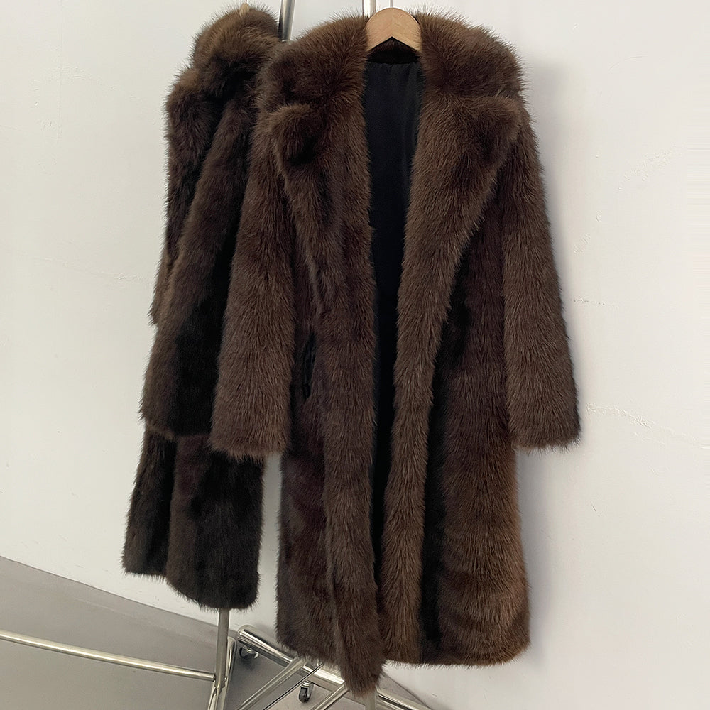 OFTBUY Luxury Long-Length Belted Faux Fur Coat - Premium Vegan Silver Fox Style Overcoat with Oversized Lapel