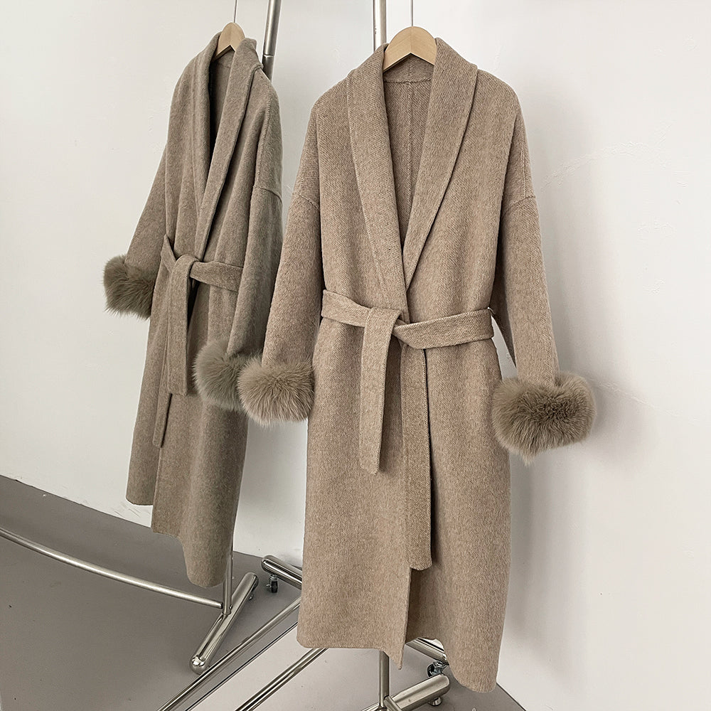 OFTBUY High End Double-sided Wool Strapping Real Wool Fur Coat Women's Removable Cuffs Fox Fur Temperament Cashmere Short Jacket