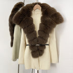 OFTBUY Fashion Belt Warm Sweater Female Natural Fur Loose Cadigan Coat Women Medium Length Knit Jacket with Real Fox Fur Collar