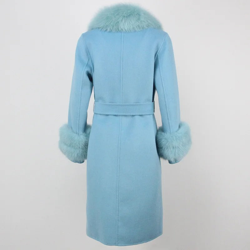OFTBUY Winter Jacket Women Long Natural Wool Blends Cashmere Real Fur Coat Double Breasted Belt Warm Streetwear New Fashion