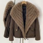 Coffee brown utility duck down short parka with brass snap cargo pockets