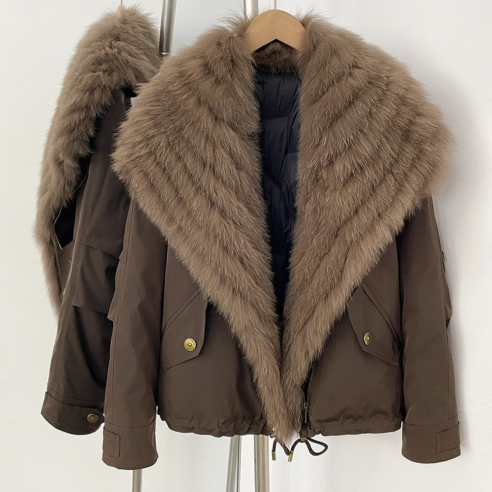 Coffee brown utility duck down short parka with brass snap cargo pockets