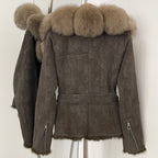 OFTBUY Belt Suede Jacket Women New Autumn Winter Real Fox Fur Collar Clothes Female Thick Warm Natural Rabbit Fur Lining Coat