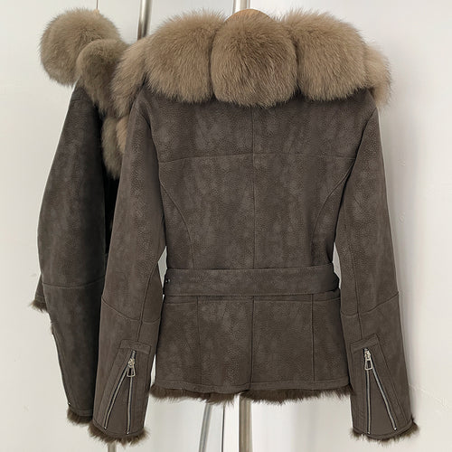 OFTBUY Belt Suede Jacket Women New Autumn Winter Real Fox Fur Collar Clothes Female Thick Warm Natural Rabbit Fur Lining Coat