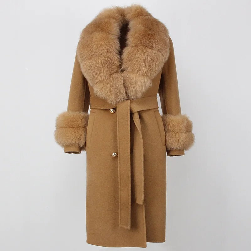 OFTBUY Winter Jacket Women Long Natural Wool Blends Cashmere Real Fur Coat Double Breasted Belt Warm Streetwear New Fashion