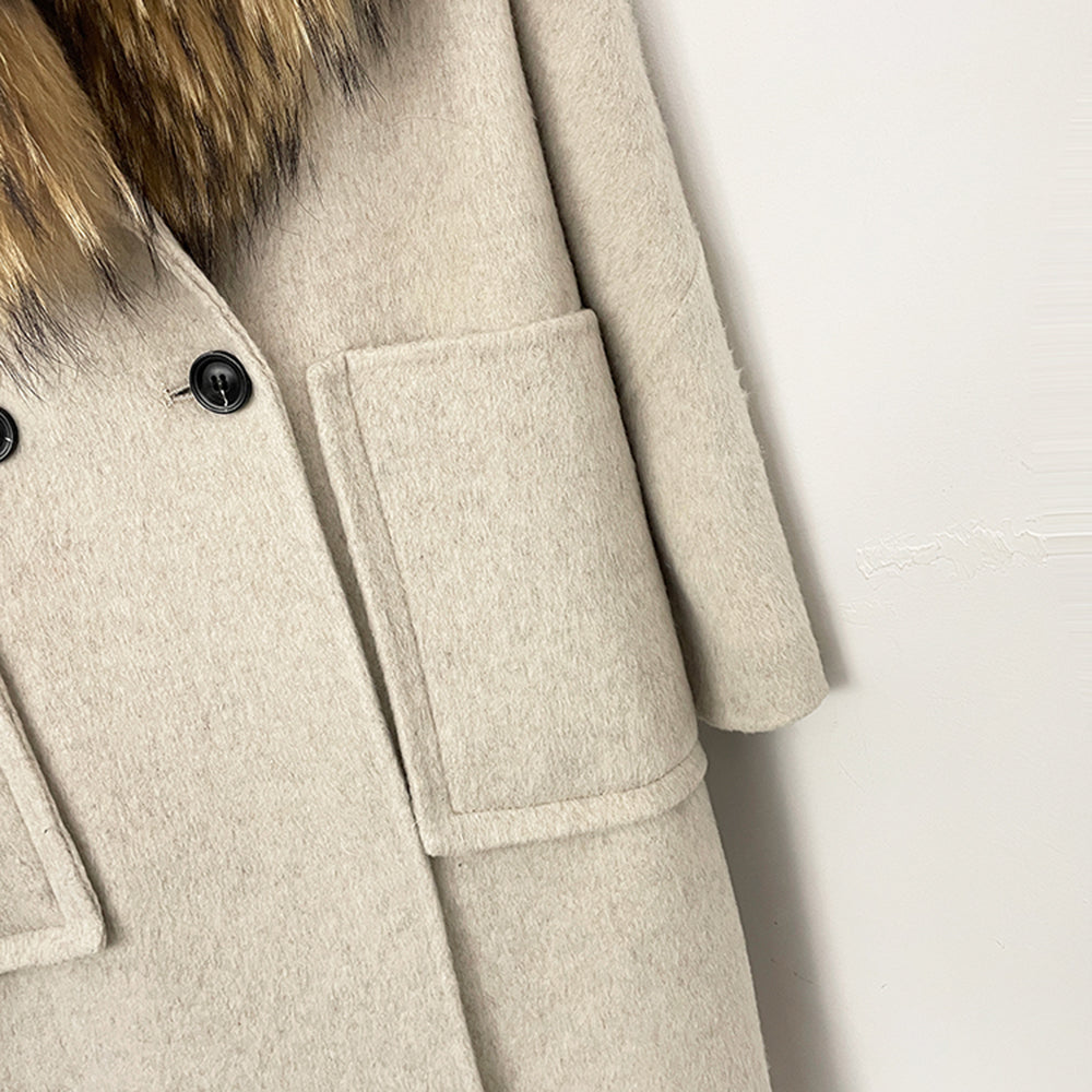OFTBUY Double Breasted Pockets Long Luxury Warm Winter Outerwear New Women's Double-Faced Wool Coat with Real Fox Fur Collar