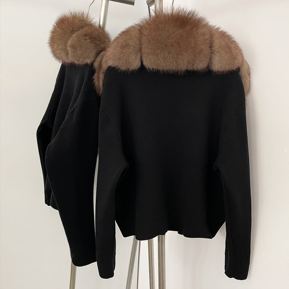 OFTBUY New Women's Knit Cardigan with Large Real Fox Fur Collar Loose Fit Warm Winter Fashion Lady Outerwear Sweater Female