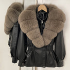 OFTBUY Women's Luxury Real Fox/Raccoon Fur Faux Leather Jacket Elastic Waist New Winter Coat Elegant PU Leather Outerwear Female