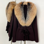 OFTBUY New Autumn Winter Luxury Fashion Outerwear Lady Women's Knit Coat with Large Real Fox Fur Collar Belt Textured Knit Warm
