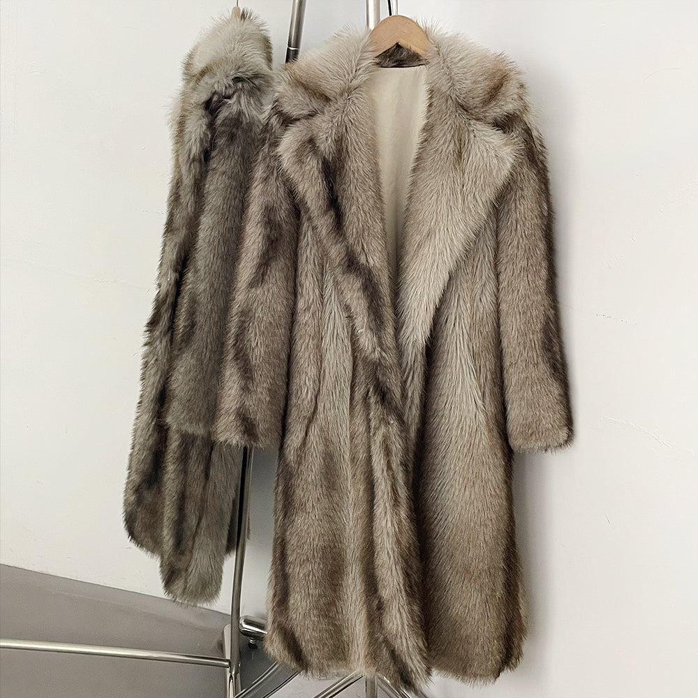 Silver fox style beige-grey faux fur coat with exquisite multi-tonal luster